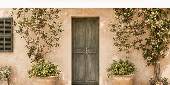 Mediterrane Fassade mit Tür und Pflanzen