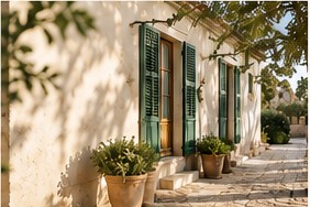 Mallorquinische Fassade mit grünen Läden